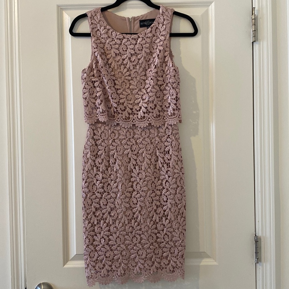 Betsy & Adam Lace A16120 Pink Tiered Glitter Lace Popover Cocktail Dress-Size 2